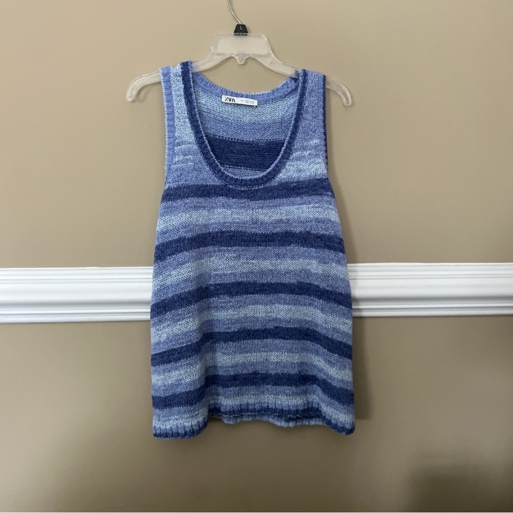Zara Light Blue and Navy Knit Top